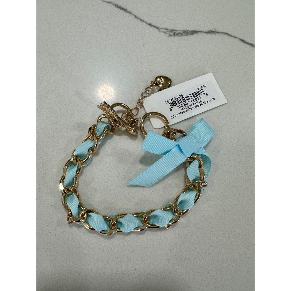 Betsey‎ Johnson Blue Ribbon Gold Tone Chain Heart Arrow Bracelet 507450C978 NEW